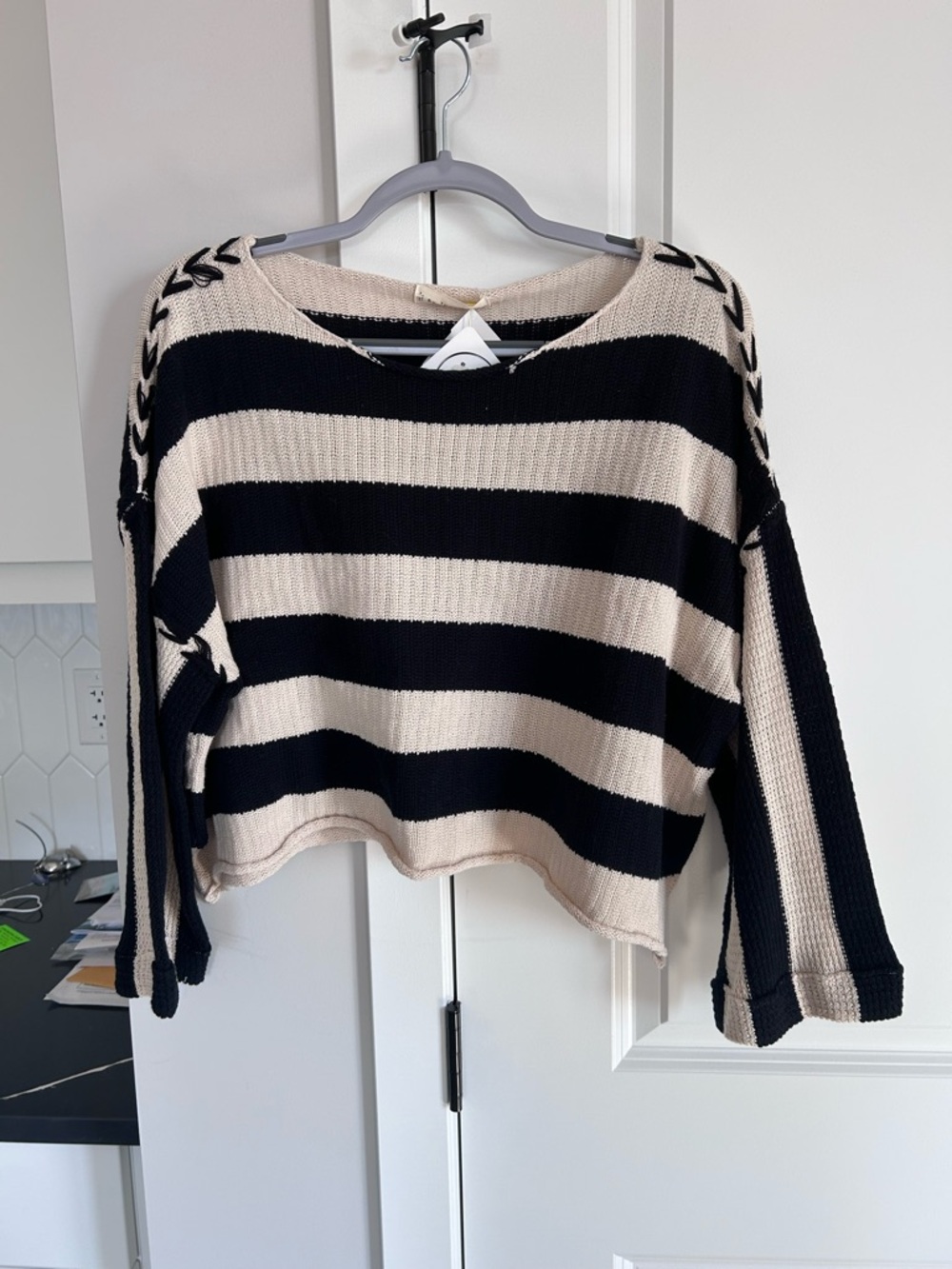 NWT ByTogether Striped Cropped Sweater BlackCream Nautical Sailor Oversized Knit